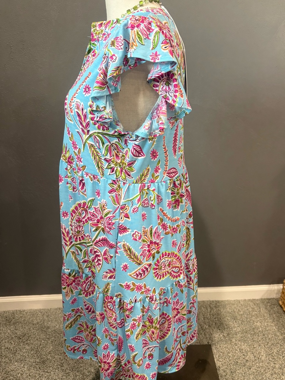 Light Blue Paisley V-Neck Tiered Mini Dress - Picture 4 of 7